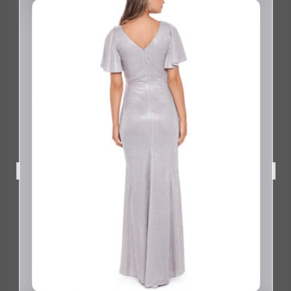 Betsy & Adam Flutter Short Sleeve Cowl Neck Glitter Knit Gown in Taupe/Silver - Picture 2 of 3